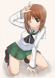 Rule 34 | 1girl, ;), absurdres, arm support, black neckerchief, black socks, blouse, brown eyes, brown hair, closed mouth, commentary, girls und panzer, green skirt, head tilt, highres, kneeling, leaning forward, leaning to the side, loafers, long sleeves, looking at viewer, miniskirt, munisuke (zrkt7883), neckerchief, nishizumi miho, one eye closed, ooarai school uniform, pleated skirt, school uniform, serafuku, shadow, shirt, shoes, short hair, simple background, skirt, smile, socks, solo, traditional media, w, white background, white shirt