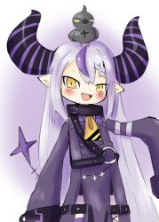 Rule 34 | 1girl, animal, animal on head, ascot, bird, bird on head, black bird, blush, braid, crow (la+ darknesss), demon horns, doneru, highres, hololive, horns, la+ darknesss, la+ darknesss (1st costume), light purple hair, long hair, multicolored hair, on head, open mouth, pointy ears, sleeves past wrists, solo, streaked hair, striped horns, very long hair, virtual youtuber, yellow ascot, yellow eyes