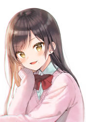Rule 34 | 1girl, :d, blush, bow, brown eyes, brown hair, collared shirt, commentary request, dress shirt, earrings, hand up, jewelry, long hair, long sleeves, midorikawa you, mole, mole under mouth, open mouth, original, pink sweater, red bow, school uniform, shirt, simple background, sleeves past wrists, smile, solo, stud earrings, sweater, swept bangs, upper body, white background, white shirt