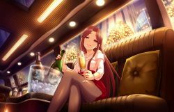 Rule 34 | 10s, 1girl, alcohol, artist request, back-seamed legwear, black pantyhose, blurry, bottle, bracelet, brown eyes, brown hair, car interior, champagne, champagne bottle, champagne flute, christmas tree, city, collarbone, crossed legs, cup, cushion, drinking glass, dutch angle, earrings, eyes visible through hair, flag, glint, hair intakes, hair over shoulder, half-closed eyes, head tilt, high-waist skirt, holding, holding bottle, holding cup, holding drinking glass, ice, ice cube, idolmaster, idolmaster cinderella girls, idolmaster cinderella girls starlight stage, jewelry, limousine, lips, long hair, long sleeves, looking down, nail polish, necklace, off shoulder, official art, pantyhose, parted bangs, parted lips, pendant, pink shirt, raised eyebrows, red nails, red skirt, ring, seamed legwear, shirt, shirt tucked in, side slit, sitting, skirt, solo, zaizen tokiko