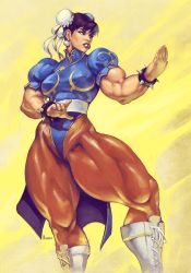 Rule 34 | 1girl, boots, bracelet, breasts, brown eyes, brown hair, brown pantyhose, bun cover, capcom, china dress, chinese clothes, chun-li, cross-laced footwear, double bun, dress, earrings, fighting stance, hair bun, hair pulled back, highres, janrock, jewelry, large breasts, muscular, muscular female, pantyhose, sash, short hair, solo, spiked bracelet, spikes, street fighter, thick thighs, thighs, white footwear