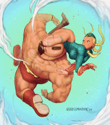 Rule 34 | 1boy, 1girl, absurdres, antenna hair, beard, blonde hair, blue eyes, blue leotard, bodypaint, boots, bracer, braid, breasts, cammy white, camouflage, commentary, english commentary, expressionless, facial hair, facial scar, fighting, frankensteiner, full body, garrison cap, hat, highleg, highleg leotard, highres, knee boots, leotard, long hair, long sleeves, mohawk, muscular, muscular male, quasimodox, ribbed leotard, scar, scar on cheek, scar on face, street fighter, street fighter v, street fighter zero (series), suplex, thick thighs, thighs, topless male, twin braids, zangief