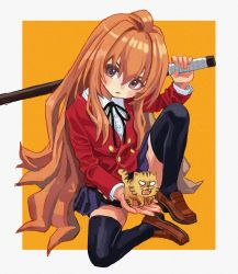 Rule 34 | 1girl, 1other, absurdres, aisaka taiga, animal, bad id, bad twitter id, black thighhighs, brown eyes, brown hair, buttoned cuffs, buttons, highres, long hair, orange background, outside border, school uniform, shiren (ourboy83), shoes, simple background, sitting, sword, thighhighs, tiger, toradora!, weapon, wooden sword