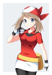 Rule 34 | 1girl, absurdres, bad id, bad pixiv id, bandana, bike shorts, black shorts, blue eyes, breasts, brown hair, closed mouth, collarbone, collared jacket, cowboy shot, creatures (company), game freak, gloves, grey background, highres, holding, holding poke ball, jacket, long hair, looking at viewer, may (pokemon), medium breasts, miniskirt, nintendo, poke ball, poke ball (basic), pokemon, pokemon rse, print bandana, red bandana, red jacket, short sleeves, shorts, shorts under skirt, skirt, smile, solo, standing, two-tone background, white background, white skirt, wing collar, yuihico