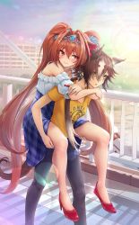 Rule 34 | 2girls, animal ears, black pants, blue skirt, blush, brown hair, carrying, closed mouth, commentary, commentary request, daiwa scarlet (umamusume), feet out of frame, full body, hair intakes, high heels, highres, horse ears, horse girl, horse tail, long hair, multicolored hair, multiple girls, nabe puyo, outdoors, pants, parted lips, piggyback, red eyes, red footwear, shirt, short sleeves, skirt, sunlight, tail, thighs, tiara, twintails, umamusume, vodka (umamusume), white shirt, yellow eyes, yellow shirt