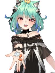 Rule 34 | absurdres, alternate costume, animal ear fluff, animal ears, bintz, dress, green hair, happy, highres, hololive, long hair, looking at viewer, open mouth, pill, red eyes, smile, strapless, strapless dress, uruha rushia, uruha rushia (3rd costume), virtual youtuber