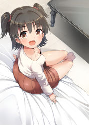 Rule 34 | 10s, 1girl, akagi miria, barefoot, black hair, blouse, blush, breasts, brown eyes, cleavage, covered erect nipples, downblouse, from above, full body, gaichi, idolmaster, idolmaster cinderella girls, indoors, kneehighs, looking at viewer, medium breasts, medium hair, miniskirt, no bra, open mouth, shadow, shirt, sitting, skirt, smile, socks, solo, table, twintails, two side up, white shirt