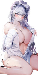 Rule 34 | 1girl, absurdres, areola slip, azur lane, bare legs, belfast (azur lane), black panties, blue eyes, blush, breasts, cleavage, closed mouth, collarbone, dress shirt, highres, huge breasts, long hair, long sleeves, looking at viewer, maid headdress, navel, no bra, off shoulder, open clothes, open shirt, panties, raru (nanaharararu), shirt, side-tie panties, simple background, sitting, sleeves past wrists, solo, sweat, unbuttoned, unbuttoned shirt, underwear, undressing, untied panties, wariza, white background, white hair, white shirt