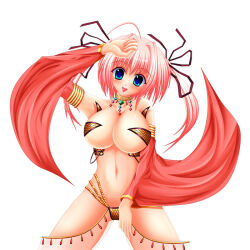 1girl :d ahoge arm_up armlet bad_id bare_shoulders bikini blue_eyes breasts collarbone detached_sleeves gold_armlet gold_bikini gypsy_(ragnarok_online) hair_between_eyes hair_intakes hair_ribbon jewelry large_breasts legs_apart long_sleeves looking_at_viewer midriff navel neck_ring open_mouth pink_hair ragnarok_online red_ribbon red_sleeves ribbon see-through_clothes short_hair sima_(yggdrasil) simple_background smile solo standing swimsuit white_background