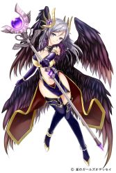 Rule 34 | 1girl, black footwear, black gloves, black wings, boots, breasts, cleavage, copyright name, elbow gloves, feathered wings, full body, fur trim, gloves, grey hair, hair ornament, hera (hoshi no girls odyssey), holding, holding staff, hoshi no girls odyssey, large breasts, long hair, looking at viewer, minamoto mamechichi, official art, grey eyes, simple background, smile, solo, staff, thigh boots, thighhighs, white background, wings