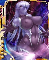 Rule 34 | 00s, 1girl, bare shoulders, breasts, cameltoe, card (blue-ur), card (medium), card (ur), colored skin, covered navel, covered erect nipples, female focus, igawa asagi, kagami hirotaka, large breasts, long hair, looking at viewer, parted lips, possessed, purple skin, silver hair, smile, solo, taimanin (series), taimanin asagi, taimanin asagi battle arena all card gallery, taimanin asagi kessen arena, very long hair, yellow eyes