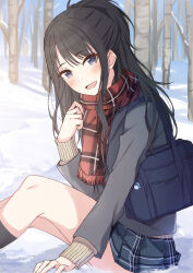 Rule 34 | 1girl, bag, black hair, black socks, blue eyes, blush, day, from side, green skirt, grey jacket, hal ogura, hand up, idolmaster, idolmaster shiny colors, jacket, kazano hiori, long hair, long sleeves, looking at viewer, mole, mole under mouth, open mouth, outdoors, plaid, plaid scarf, plaid skirt, pleated skirt, ponytail, purple eyes, red scarf, scarf, school bag, school uniform, sitting, skirt, smile, snow, socks, solo, sweater, tree, winter, yellow sweater