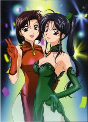 Rule 34 | 1990s (style), 2girls, bare shoulders, black hair, breasts, brown hair, china dress, chinese clothes, cleavage, dress, elbow gloves, evening gown, gloves, green dress, green eyes, green gloves, highres, kobayakawa miyuki, large breasts, long hair, multiple girls, nakajima atsuko, open mouth, purple eyes, red dress, red gloves, retro artstyle, short hair, side slit, strapless, strapless dress, taiho shichauzo, tsujimoto natsumi, v, yuri