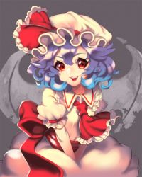 Rule 34 | 1girl, ascot, bad id, bad pixiv id, bat wings, blue hair, bow, cheong ha, hat, hat bow, mob cap, open mouth, red eyes, remilia scarlet, solo, touhou, wings