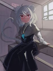 Rule 34 | 1girl, absurdres, ahoge, animal ears, black dress, blush, breasts, capelet, check commentary, clip studio paint (medium), closed mouth, commentary, commentary request, crystal, dress, feet out of frame, grey capelet, grey hair, highres, indoors, jewelry, lenserd, long sleeves, looking to the side, medium hair, mouse ears, mouse girl, mouse tail, nazrin, pendant, red eyes, shirt, sitting, sitting on stairs, small breasts, smile, solo, stairs, tail, touhou, v-shaped eyebrows, white shirt, window