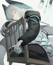 Rule 34 | 1girl, aqua eyes, aqua nails, aqua wings, arknights, black coat, black thighhighs, coat, feet out of frame, fingerless gloves, gloves, grey hair, grin, haocong33, head tilt, head wings, highres, ho&#039;olheyak (arknights), holding cube, hood, hooded coat, infection monitor (arknights), long sleeves, long tail, looking at viewer, multicolored coat, on chair, seiza, short hair, sitting, smile, snake tail, solo, tail, thighhighs, two-tone coat, white coat, white gloves, wings