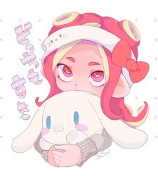 Rule 34 | 1girl, bad id, bad twitter id, cephalopod eyes, character doll, cinnamoroll, cropped torso, headband, hello kitty, hello kitty (character), holding, looking at viewer, nintendo, octoling, octoling girl, octoling player character, pink eyes, pink hair, sanrio, sasimi, short hair, signaure, simple background, splatoon (series), splatoon 2, sweater, white background