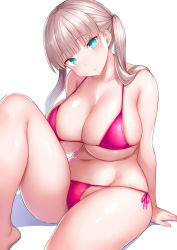 Rule 34 | 1girl, :/, aqua eyes, arm behind back, arm support, bikini, blunt bangs, breasts, brown hair, cleavage, closed mouth, collarbone, expressionless, feet out of frame, head tilt, highres, huge breasts, long hair, looking at viewer, micro bikini, navel, original, pink bikini, shiny skin, silver hair, simple background, sitting, solo, swimsuit, tsukumiya amane, tsurime, twintails, white background
