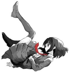 Rule 34 | 1girl, black hair, breasts, bright pupils, collared shirt, colored skin, eyebrows, eyelashes, facing away, from side, grey footwear, grey jacket, grey skirt, grey thighhighs, jacket, kasa (hitori sanka), legs up, loafers, long sleeves, looking away, lying, miniskirt, necktie, on back, open clothes, open jacket, original, over-kneehighs, pleated skirt, red eyes, red necktie, shirt, shoes, short hair, sidelocks, skirt, small breasts, solo, thighhighs, tsurime, white pupils, white shirt, white skin