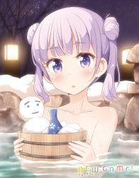 Rule 34 | 10s, 1girl, :o, alternate hairstyle, bare tree, bathing, blush, bucket, collarbone, copyright name, highres, long hair, new game!, night, official art, onsen, open mouth, outdoors, partially submerged, purple eyes, purple hair, rock, short hair, solo, suzukaze aoba, tokunou shoutarou, tree, twintails, water, wet, wooden bucket