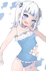 Rule 34 | 1girl, :o, bad id, bad pixiv id, bare arms, bare shoulders, bikini, blue camisole, blue eyes, blue hair, blunt bangs, camisole, clothing cutout, cowboy shot, fang, frilled bikini, frilled swimsuit, frills, gawr gura, hair ornament, hololive, hololive english, light blush, looking at viewer, medium hair, midriff peek, multicolored hair, navel, open mouth, outstretched arms, shark hair ornament, side cutout, silver hair, simple background, skin fang, sleeveless, solo, stomach cutout, streaked hair, swimsuit, tail, two side up, uica, virtual youtuber