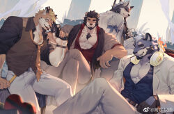Rule 34 | 4boys, abs, alca (wakatanka4), alca the lion, animal ears, bara, beard, beenic, black hair, chest hair, commission, couch, destroycode, dog boy, facial hair, feet out of frame, fiery headphones, furry, furry male, grey fur, gyee, highres, large pectorals, lion boy, lion ears, lion tail, looking at viewer, loose necktie, male focus, mature male, multiple boys, muscular, muscular male, necktie, on couch, orange necktie, original, partially unbuttoned, pectoral cleavage, pectorals, romg, romg the jaguar, romg the tiger, second-party source, seductive smile, short hair, sitting, sleeves rolled up, smile, tail, thick eyebrows, uutiger