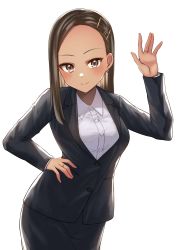 Rule 34 | 1girl, absurdres, black jacket, black skirt, breasts, brown eyes, brown hair, collared shirt, commentary request, dress shirt, earrings, forehead, formal, hair ornament, hairclip, hand on own hip, hand up, highres, hoshimiya aki, jacket, jewelry, long hair, long sleeves, looking at viewer, official art, original, parted bangs, pencil skirt, ring, shirt, simple background, skirt, skirt suit, small breasts, suit, tan, v-shaped eyebrows, white background, white shirt
