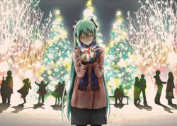Rule 34 | 1girl, christmas, christmas tree, closed eyes, gift, green hair, hatsune miku, highres, lights, long hair, museum2088, museum2088 (shentian), pantyhose, scarf, solo, very long hair, vocaloid