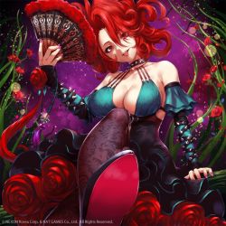 Rule 34 | 1girl, bare shoulders, black footwear, breasts, choker, cleavage, crossed legs, curly hair, detached sleeves, dress, floating hair, flower, folding fan, glint, hand fan, head tilt, high heels, holding, holding fan, large breasts, layered dress, nail polish, nemesis (overhit), official art, overhit, pantyhose, pink nails, purple pantyhose, red eyes, red flower, red hair, red lips, red rose, rose, sakiyamama, sidelocks, sitting, sleeves past wrists, solo, spiked choker, spikes, watermark