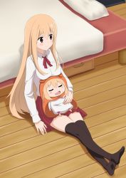 Rule 34 | 2girls, absurdres, bed, black legwear, blonde hair, breast rest, breasts, breasts on head, brown eyes, chibi, closed eyes, commentary request, crossed legs, doma umaru, dual persona, flatfield, hair between eyes, hamster hood, height difference, highres, himouto! umaru-chan, komaru (himouto! umaru-chan), leaning back, long hair, looking away, medium breasts, multiple girls, open mouth, pillow, red skirt, school uniform, shiny skin, shirt, sitting, sitting on lap, sitting on person, size difference, skirt, sleeping, smile, thighhighs, time paradox, white shirt, wooden floor, zettai ryouiki