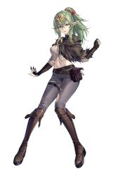 Rule 34 | 1girl, absurdres, arknights, boots, breasts, commission, cosplay, crop top, fingerless gloves, fire emblem, fire emblem awakening, gloves, green eyes, green hair, hair between eyes, hair ornament, highres, jacket, large breasts, long hair, long sleeves, looking at viewer, meteor (arknights), meteor (arknights) (cosplay), midriff, navel, nintendo, open clothes, open mouth, pants, pixiv commission, pointy ears, ponytail, shirt, smile, solo, standing, stomach, suprii, tiara, tiki (adult) (fire emblem), tiki (fire emblem), torn clothes, torn pants