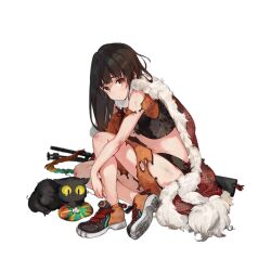 Rule 34 | 1girl, arms up, ball, black footwear, black hair, black vest, brown eyes, bullpup, cat, chinese clothes, closed mouth, colored shoe soles, dragon dance, full body, girls&#039; frontline, gun, highres, hugging own legs, imoko (imonatsuki), long hair, looking at viewer, midriff, official alternate costume, official art, orange footwear, orange pants, orange shirt, pants, qbu-88, qbu-88 (dance of the trumpet vine) (girls&#039; frontline), qbu-88 (girls&#039; frontline), rifle, shirt, shoe soles, simple background, sitting, slit pupils, sniper rifle, solo, torn clothes, torn pants, torn shirt, transparent background, two-tone footwear, vest, weapon