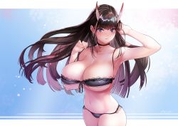 Rule 34 | 1girl, arm up, armpits, artist name, azur lane, bare arms, bare shoulders, black bra, black choker, black hair, black panties, blue background, blunt bangs, blush, border, bra, breasts, choker, cleavage, collarbone, commentary request, covered erect nipples, cowboy shot, earrings, effort star, fingernails, floating hair, front-tie bra, front-tie top, gradient background, groin, hand in own hair, hand up, highres, horns, jewelry, lace, lace-trimmed bra, lace-trimmed panties, lace trim, large breasts, light particles, long hair, looking at viewer, micro bra, navel, noshiro (azur lane), outside border, panties, parted lips, pink background, purple eyes, solo, standing, stomach, strap lift, string panties, stud earrings, underboob, underwear, underwear only, white border