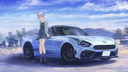 Rule 34 | 1girl, abarth, abarth 124 spider, black dress, blue jacket, car, dress, earrings, fiat, fiat 124 spider, grey eyes, highres, jacket, jewelry, leaning back, looking down, momo hiki, motor vehicle, original, personification, short hair, vehicle focus, white hair