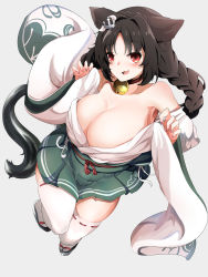 Rule 34 | 1girl, absurdres, anchor hair ornament, animal ears, aqua background, azur lane, bell, black hair, blush, braid, breasts, cat ears, cat tail, cleavage, collarbone, cowboy shot, detached sleeves, fangs, green hakama, hair ornament, hakama, hakama skirt, highres, japanese clothes, jingle bell, kimono, large breasts, long hair, looking at viewer, normal cat20, ooshio (azur lane), open clothes, open mouth, red eyes, skirt, solo, tail, thighhighs, thighs, white thighhighs