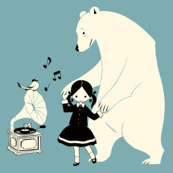 Rule 34 | 1girl, aji, bear, bird, black dress, dancing, dress, musical note, original, phonograph, polar bear, simple background, solo, tajima naoto, twintails