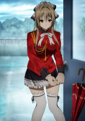 Rule 34 | 10s, 1girl, ahoge, amagi brilliant park, breasts, brown eyes, brown hair, highres, kyoto animation, large breasts, legs, ponytail, rain, ribbon, screencap, sento isuzu, solo, standing, thighhighs, thighs, uniform, wet, wet clothes, white thighhighs, yellow eyes, zettai ryouiki