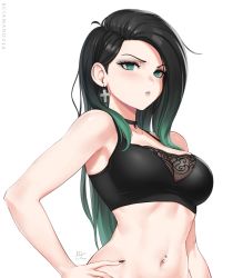 Rule 34 | 1girl, april (sciamano240), artist name, bare shoulders, black bra, black choker, black hair, black nails, blush, bra, breasts, choker, closed mouth, commentary request, cross, cross earrings, earrings, glint, gradient hair, green eyes, green hair, hand on own hip, highres, jewelry, lips, lipstick, makeup, medium breasts, multicolored hair, nail polish, navel, navel piercing, original, parted bangs, piercing, sciamano240, scowl, signature, solo, stomach, underwear, upper body