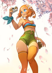 Rule 34 | 1girl, blue eyes, braid, breasts, camera, cherry blossoms, commentary, english commentary, flower, freckles, green shorts, hair flower, hair ornament, highres, holding, holding camera, medium breasts, open mouth, orange hair, orange thighhighs, original, petals, shorts, single braid, sleeveless, smile, solo, standing, teeth, thighhighs, thighs, upper teeth only, wide hips, xaxaxa