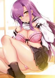 Rule 34 | 1girl, absurdres, aburidashi zakuro, blush, bow, bow bra, bra, breasts, cleavage, highres, large breasts, legs together, long hair, open mouth, panties, pantyshot, pink bra, pink panties, purple eyes, purple hair, scan, school uniform, sitting, solo, toranoana, underwear, window