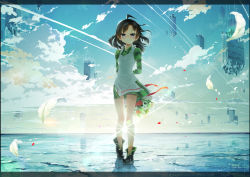 Rule 34 | 1girl, ahoge, apron, arms behind back, backlighting, black border, black footwear, black hair, blue eyes, blue sky, blush, border, bouquet, building, closed mouth, cloud, cluseller, commentary request, contrail, day, dress, flat chest, floating, floating object, flower, full body, gradient sky, green dress, hair intakes, half-closed eyes, happy, heel up, highres, holding, kemurikusa, lens flare, lily (flower), long hair, long sleeves, looking at viewer, nose blush, outdoors, petals, pink flower, red flower, red ribbon, red rose, reflection, revision, ribbon, riri (kemurikusa), rose, scenery, shoes, short dress, sky, skyscraper, smile, solo, spoilers, standing, striped clothes, striped dress, sun, sunlight, sunrise, tears, translation request, white flower