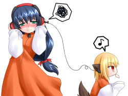 Rule 34 | 2girls, animal ears, blonde hair, blue hair, blush, dress, embarrassed, fox ears, green eyes, half-closed eyes, hand on own ear, headphones, listening to music, long hair, long sleeves, low ponytail, mouth hold, multiple girls, musical note, orange dress, original, quaver, red eyes, short hair, simple background, skirt, spoken musical note, spoken squiggle, squiggle, tail, white background