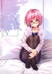 Rule 34 | 1girl, absurdres, against wall, black-framed eyewear, competition school swimsuit, crossed ankles, fate/grand order, fate (series), fou (fate), full body, highres, knees up, koyuki (kotatsu358), legs together, long sleeves, looking at viewer, mash kyrielight, one-piece swimsuit, pantyhose, pantyhose under swimsuit, pink hair, purple eyes, school swimsuit, short hair, sitting, skirt, solo, swimsuit