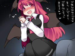 Rule 34 | 1girl, ascot, bat wings, black dress, black feathers, breasts, commentary request, demon girl, demon wings, dress, dress shirt, feathers, hammer (sunset beach), head wings, heart, koakuma, large breasts, long hair, open mouth, own hands together, red eyes, red hair, shirt, sitting, smile, solo, touhou, translation request, wings