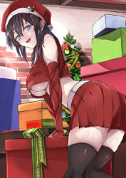 Rule 34 | 1girl, bare shoulders, black hair, black thighhighs, blue eyes, box, breasts, christmas, christmas tree, commentary request, detached sleeves, gift, gift box, gloves, hat, indoors, leaning forward, long hair, looking at viewer, looking down, medium breasts, midriff, open mouth, original, pleated skirt, red gloves, red skirt, sack, santa costume, santa hat, shirayuki sarayoshi, skirt, solo, thighhighs, underboob, yukiguni yuu
