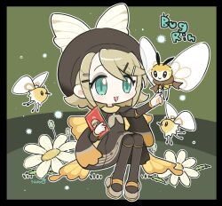 Rule 34 | 1girl, beret, black dress, black hat, black pantyhose, blonde hair, blue eyes, blush, book, bug miku (project voltage), butterfly wings, character name, chibi, commentary request, cosplay, creatures (company), cutiefly, dress, eyeshadow, fake wings, flower, full body, game freak, gen 7 pokemon, green background, grey eyeshadow, grey footwear, hair ornament, hairclip, hand up, hat, hatsune miku, hatsune miku (cosplay), highres, holding, holding book, insect wings, kagamine rin, long sleeves, makeup, najo, nintendo, open mouth, outline, pantyhose, pokemon, pokemon (creature), project voltage, ribombee, shoes, short hair, sitting, smile, solo, vocaloid, white flower, white outline, wings
