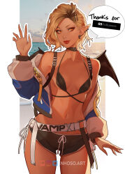 Rule 34 | 1girl, arm at side, bat wings, beach, bikini, bikini shorts, black collar, black shorts, black wings, blonde hair, blue jacket, breasts, brown hair, closed mouth, collar, cowboy shot, cross, cross earrings, dark-skinned female, dark skin, ear piercing, earrings, hair ornament, hairclip, hand up, highres, inhoso, jacket, jacket partially removed, jewelry, micro shorts, milestone celebration, multicolored hair, navel, orange eyes, original, outdoors, photo background, piercing, plaid bikini top, pointy ears, red lips, roots (hair), shorts, side-tie shorts, sideways glance, slit pupils, small breasts, smile, solo, speech bubble, stomach, swimsuit, waving, white background, white jacket, wings