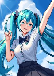 Rule 34 | 1girl, alternate costume, arm up, black skirt, blue eyes, blue hair, bow, breasts, cloud, cloudy sky, collared shirt, cowboy shot, day, dress shirt, hair between eyes, hair ornament, hatsune miku, light blush, long hair, looking at viewer, medium breasts, outdoors, parted lips, pleated skirt, school uniform, shirt, shirt tucked in, short sleeves, sidelocks, skirt, sky, smile, solo, standing, teeth, very long hair, vocaloid, white shirt