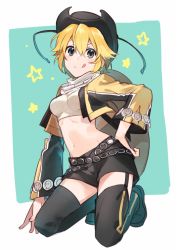 Rule 34 | 1girl, :q, asahikawa hiyori, black eyes, black footwear, black hat, black shorts, black thighhighs, blonde hair, blue background, breasts, commentary request, contrapposto, copyright request, cowboy hat, cropped jacket, hand on own hip, hat, jacket, kneeling, long sleeves, looking at viewer, medium breasts, midriff, navel, open clothes, open jacket, shoes, shorts, smile, solo, star (symbol), thighhighs, tongue, tongue out
