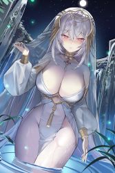 Rule 34 | 1girl, absurdres, bare shoulders, breasts, cleavage, commentary, crossed bangs, detached sleeves, grey hair, hand up, highres, large breasts, long hair, long sleeves, looking at viewer, mendou kusai, night, original, outdoors, partially submerged, pink eyes, see-through, sky, solo, star (sky), starry sky, symbol-only commentary, thighs, wet